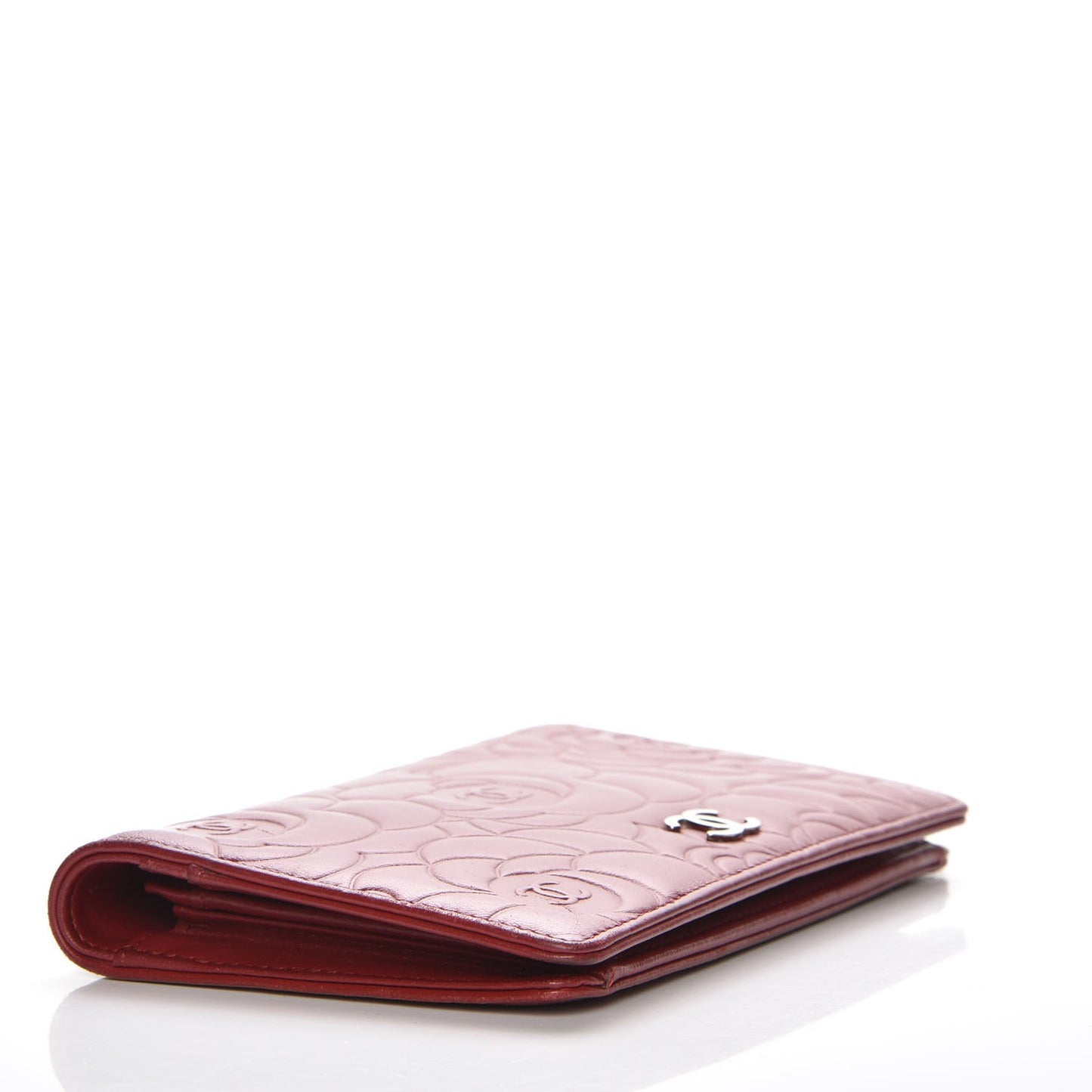 Lambskin Camellia Embossed Yen Wallet Dark Red