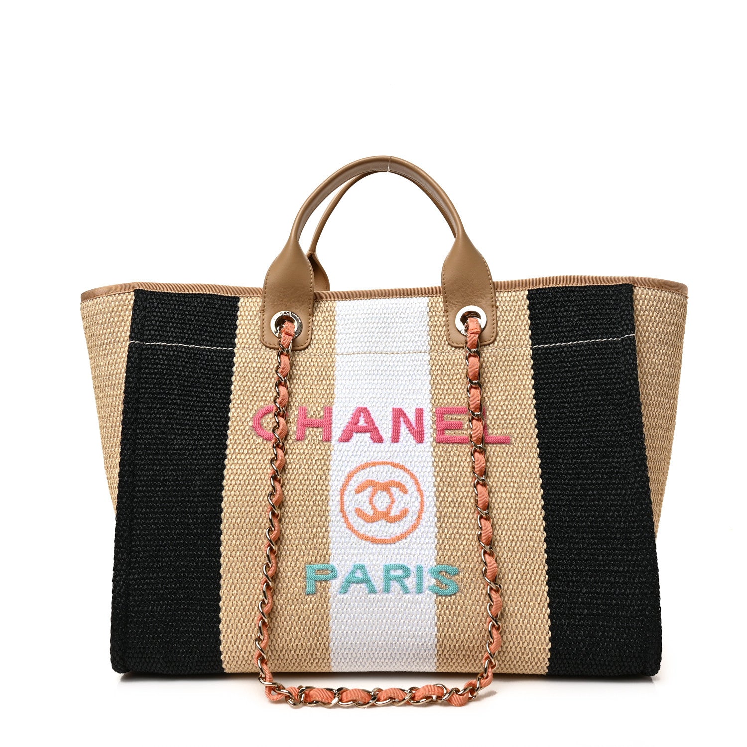 Chanel Straw Raffia Calfskin Striped Medium Deauville Tote Black Beige Ivory 1 of 9