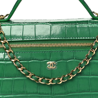 Chanel Calfskin Crocodile Embossed Crococo Top Handle Slim Vanity Case With Chain Emerald 8 of 11