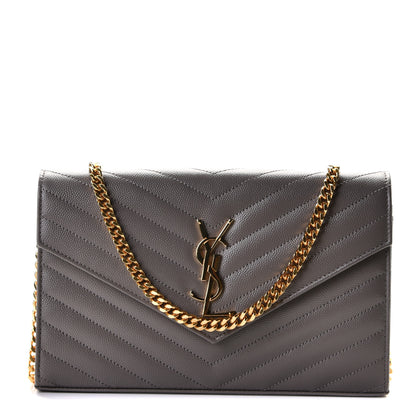 Saint Laurent Grain De Poudre Matelasse Chevron Monogram Chain Wallet Fog 1 of 6