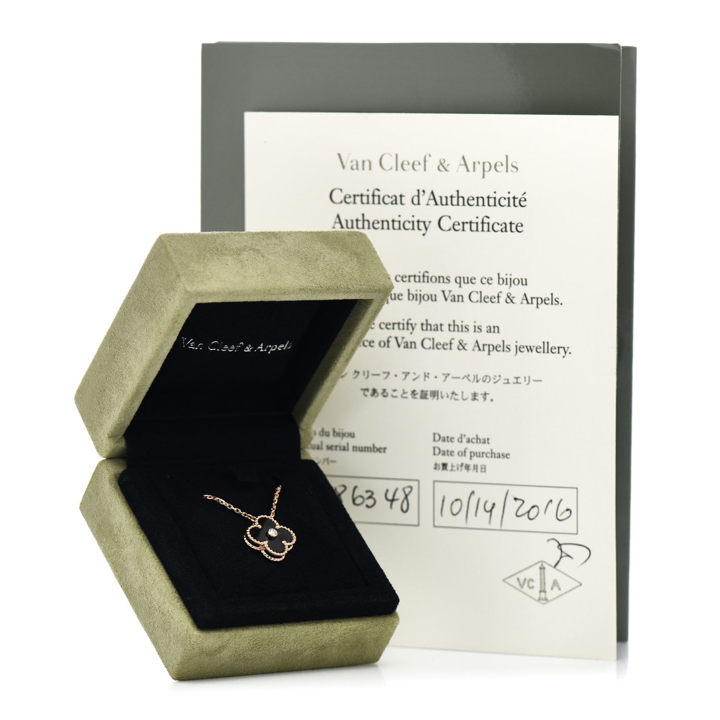 18K Rose Gold Diamond Black Onyx Vintage Alhambra Pendant Necklace