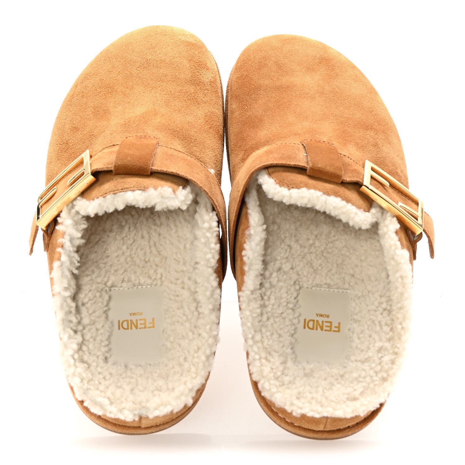 Fendi Suede Shearling Fendi Feel Buckled Clogs 38 Caramel Latte 2 of 9