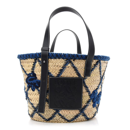 Loewe Embroidered Raffia Basket Tote Bag Natural Black Blue 1 of 9