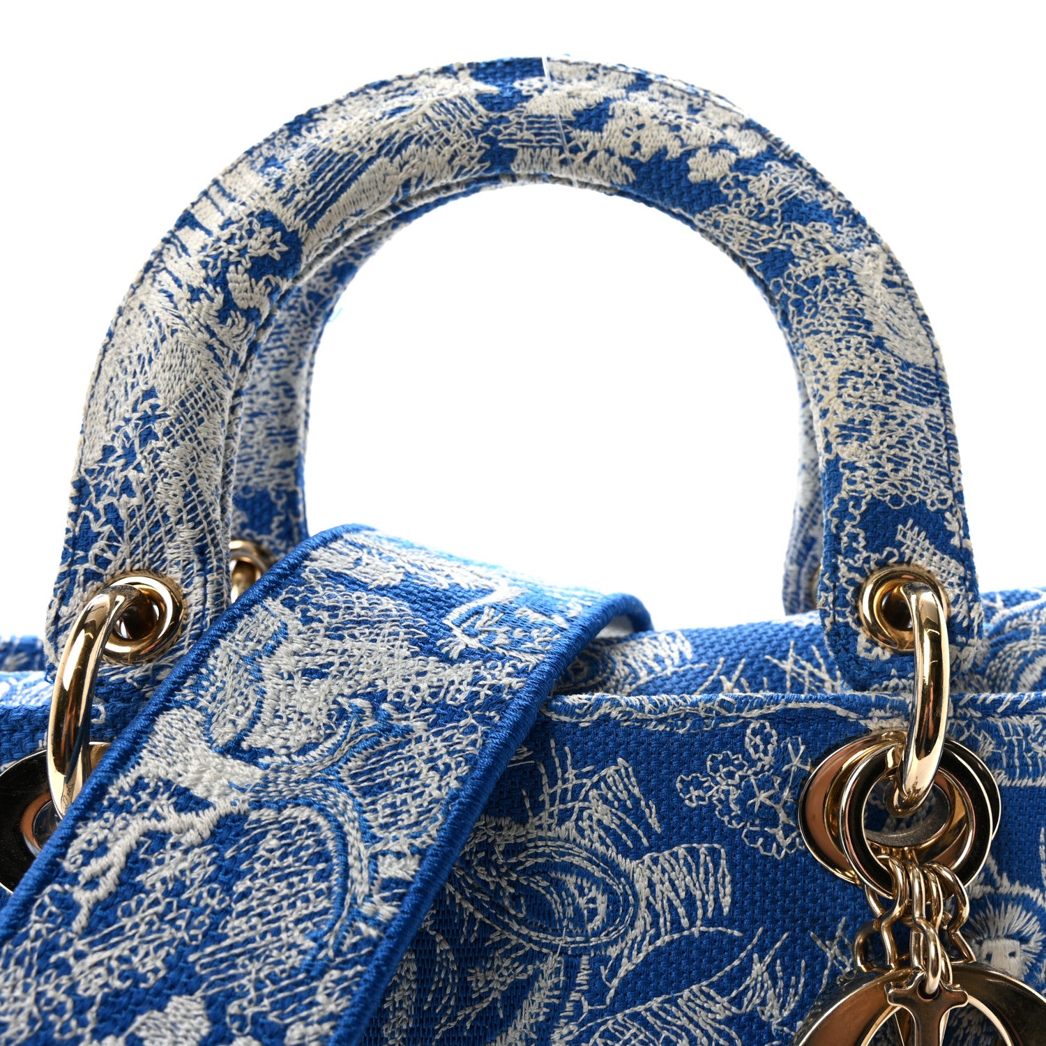Christian Dior Canvas Toile De Jouy Reverse Embroidered Medium Lady D-Lite Fluorescent Blue 7 of 9