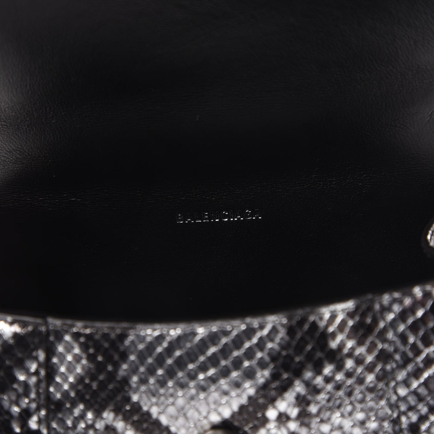 Shiny Calfskin Snakeskin Embossed Hourglass Top Handle Bag XS Silver Black