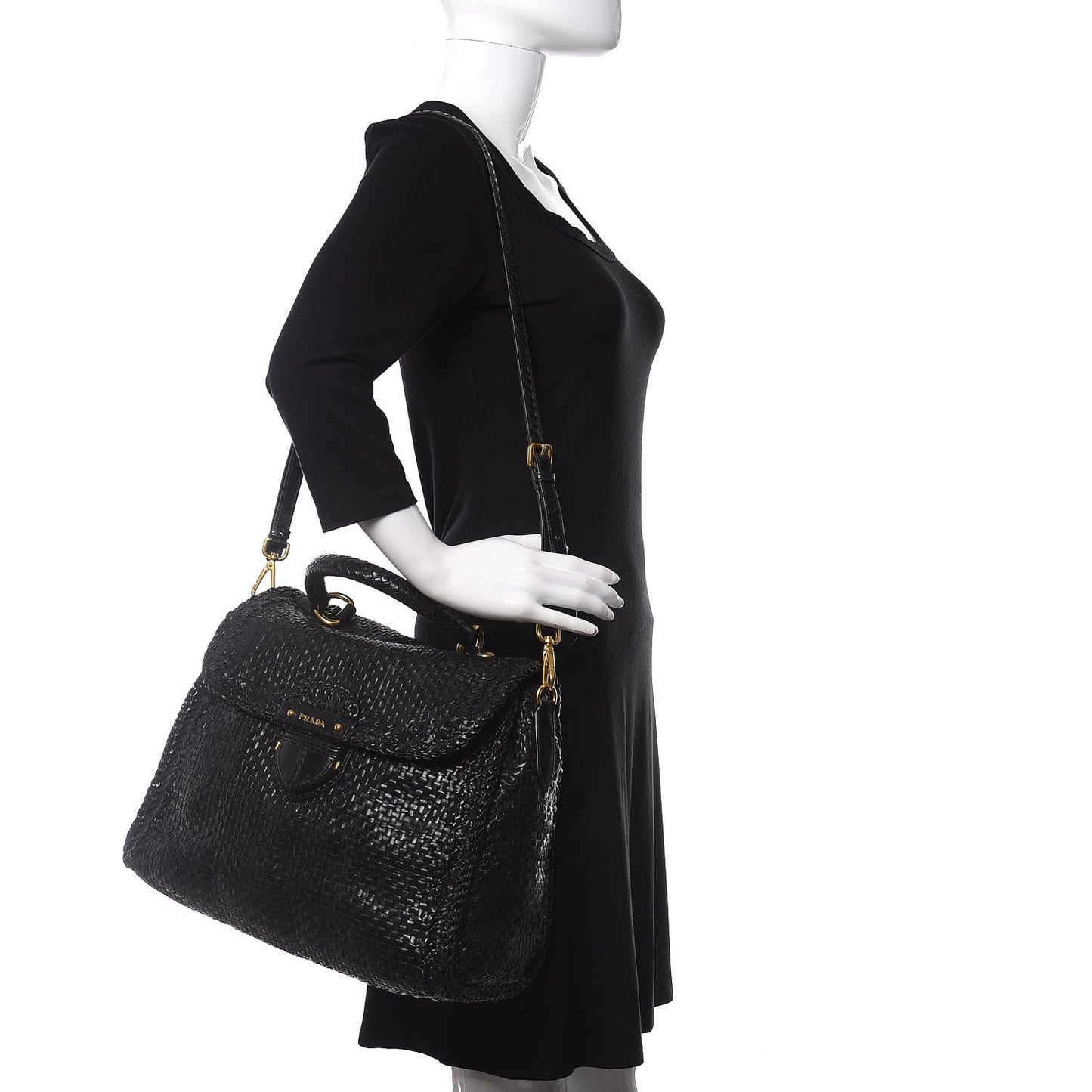 Goatskin Woven Top Handle Satchel Black