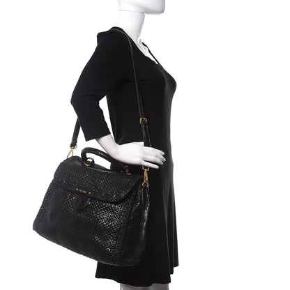 Prada Goatskin Woven Top Handle Satchel Black 2 of 14