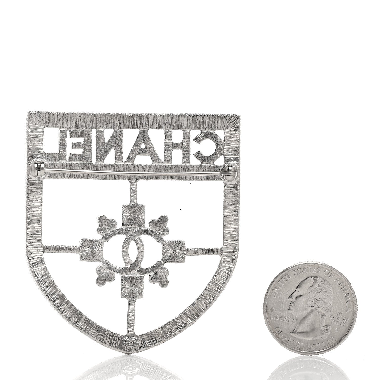 Chanel Swarovski Baguette Crystal CC Shield Brooch 2 of 4