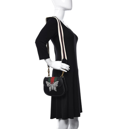 Gucci Calfskin Web Crystal Butterfly Stripe Small Totem Shoulder Bag Black 3 of 14