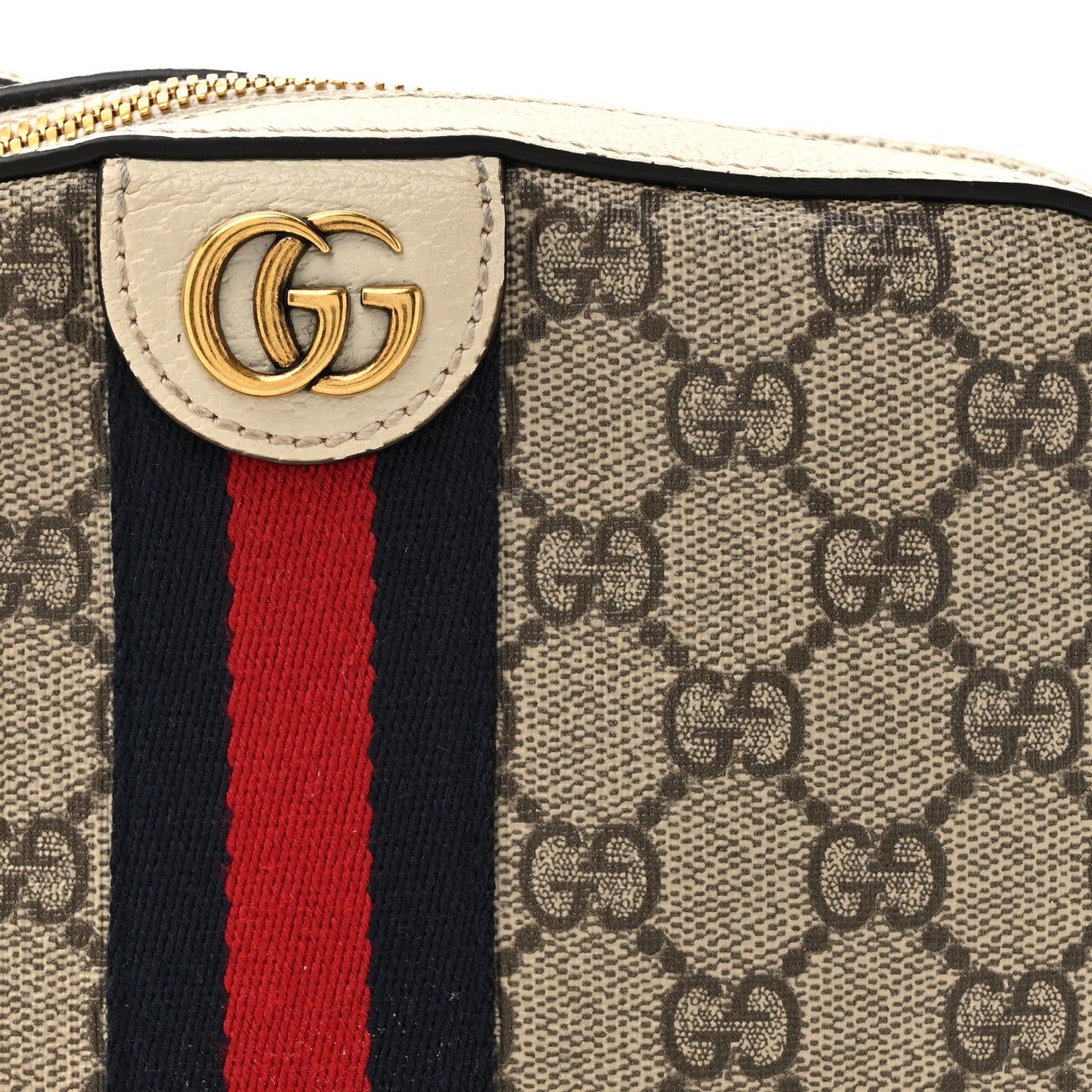 GG Supreme Monogram Textured Calfskin Web Small Ophidia Camera Bag Beige Ebony Mystic White