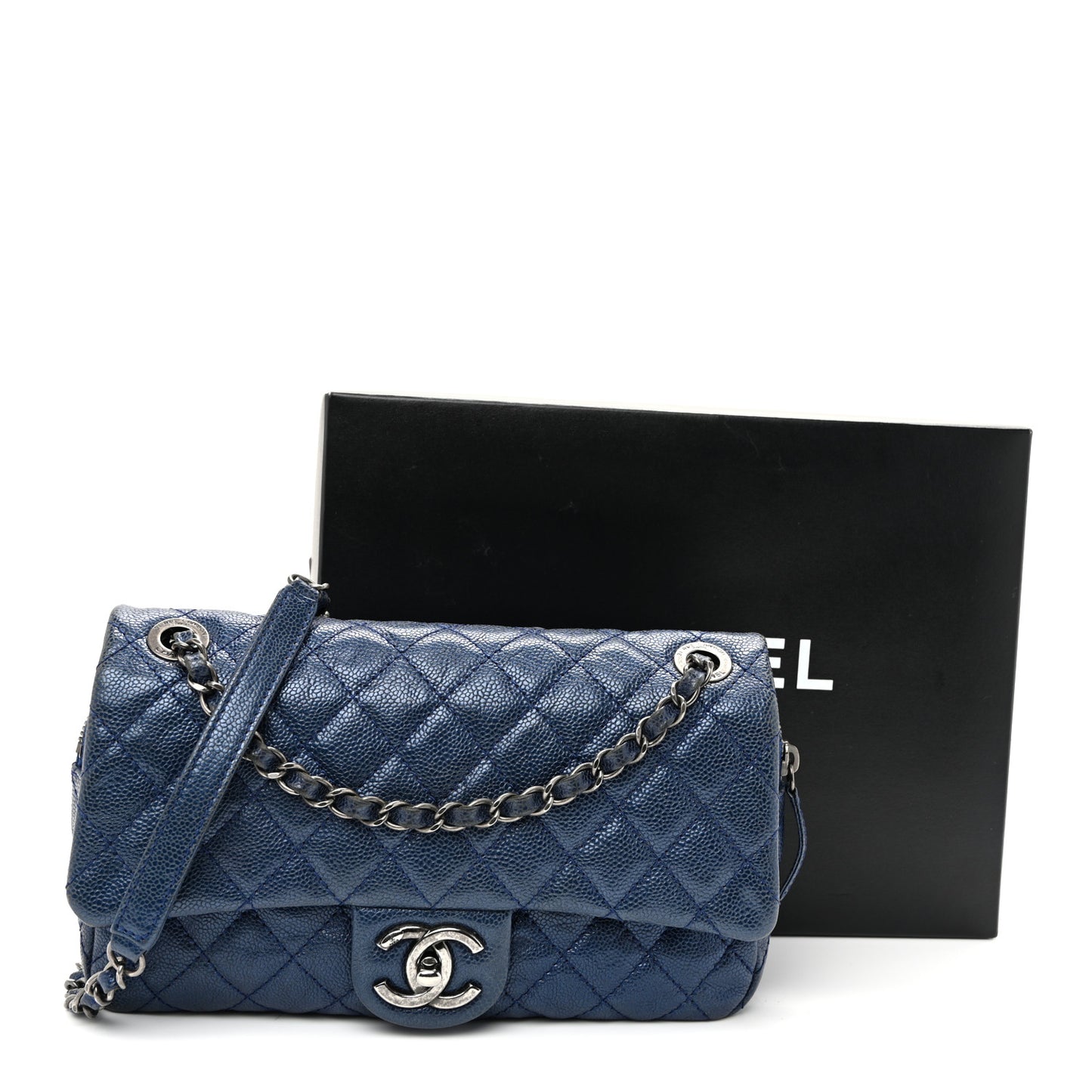 Iridescent Caviar Quilted Jumbo Easy Flap Dark Blue
