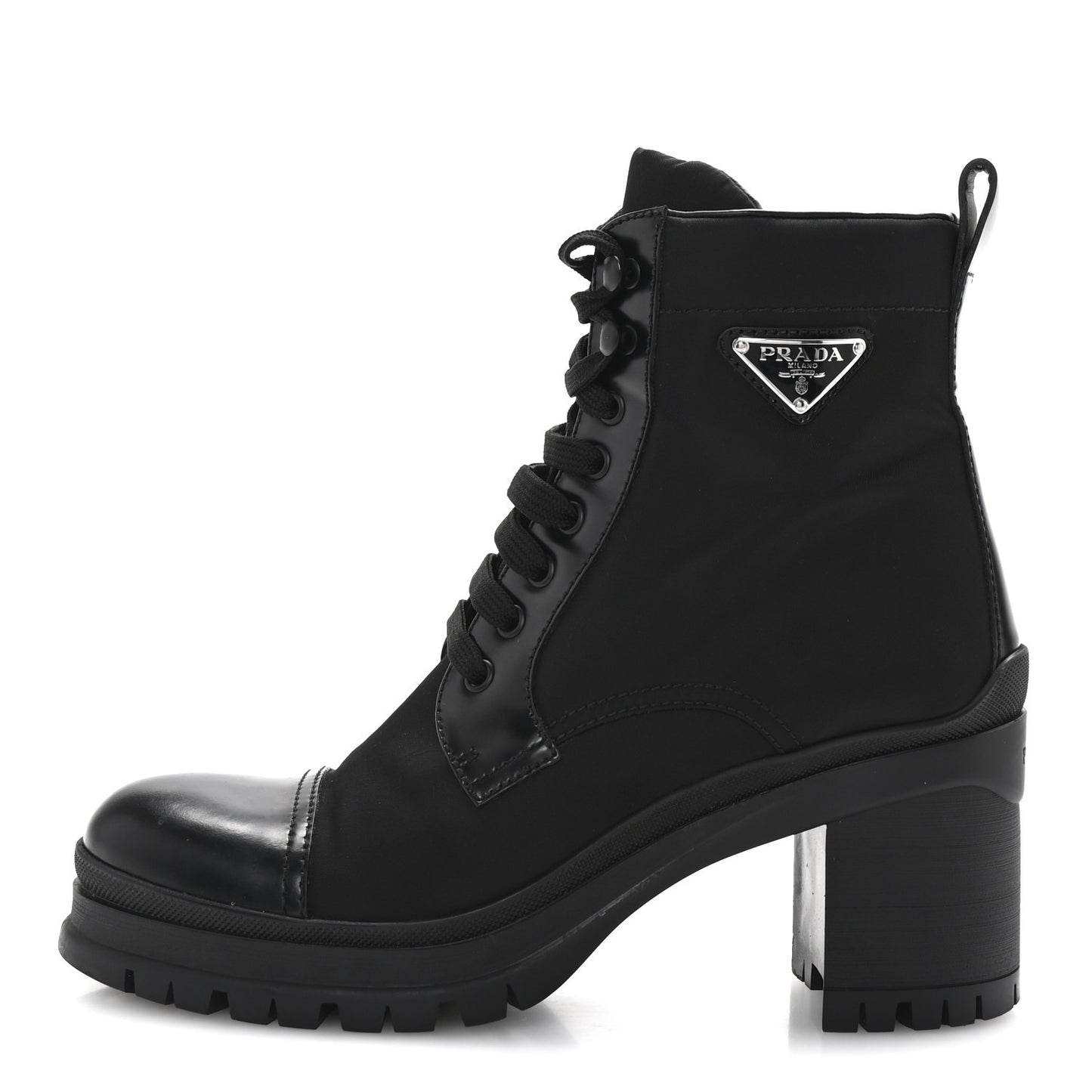 Spazzolato Re-Nylon Metal Triangle Logo Lace Up 55mm Ankle Boots 40 Black