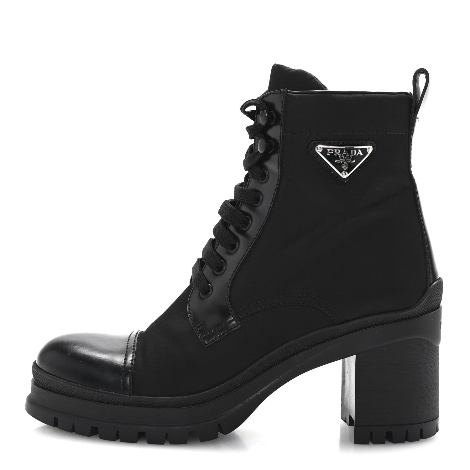 Prada Spazzolato Re-Nylon Metal Triangle Logo Lace Up 55mm Ankle Boots 40 Black 1 of 9