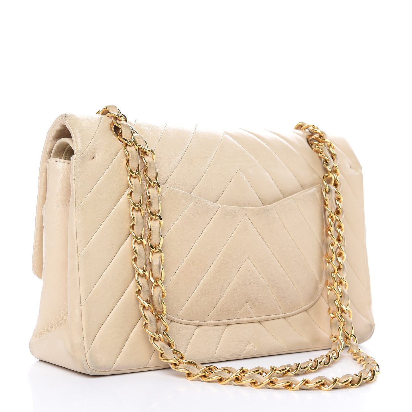 Lambskin Chevron Quilted Medium Double Flap Beige