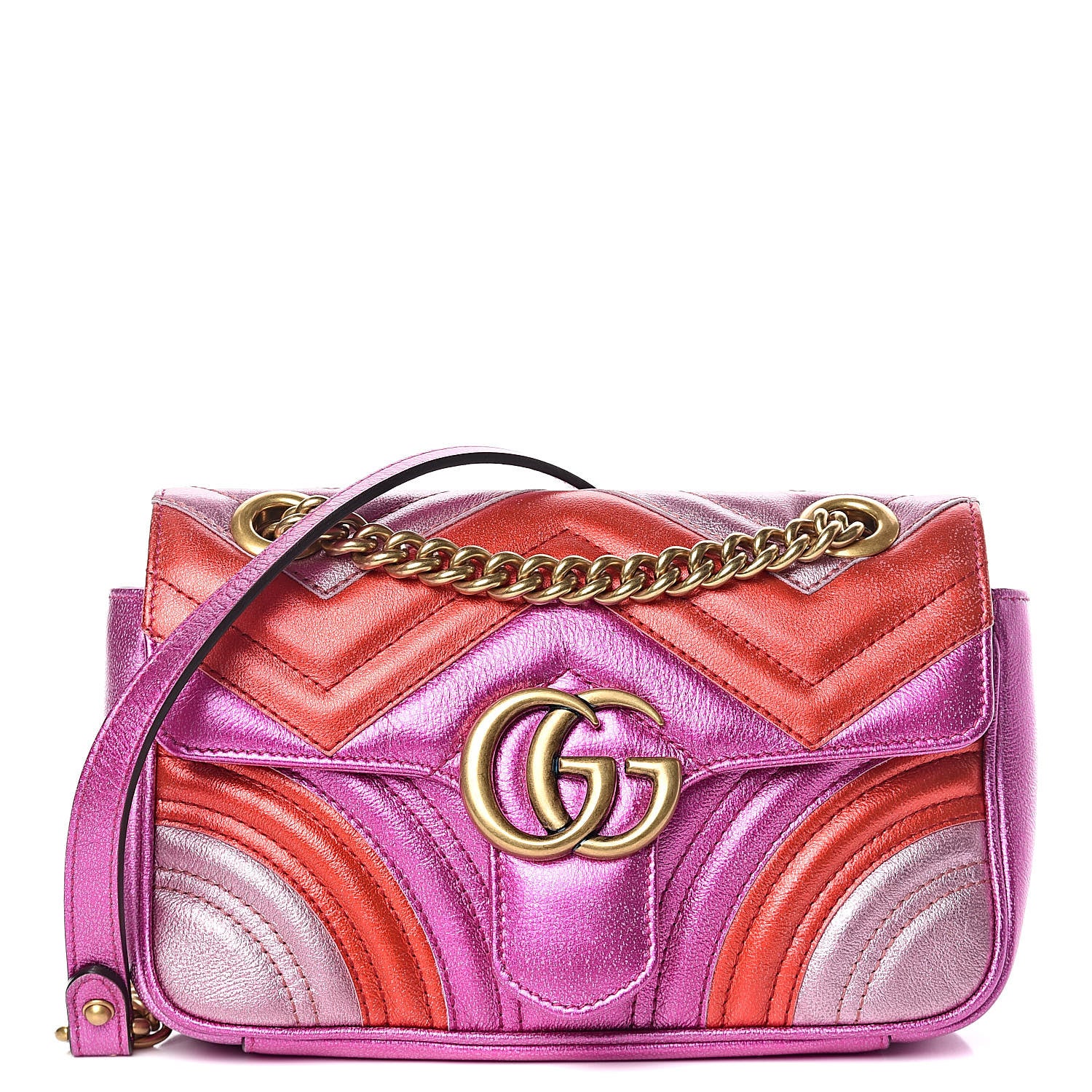 Gucci Metallic Calfskin Matelasse Mini GG Marmont Shoulder Bag Fuchsia 1 of 9