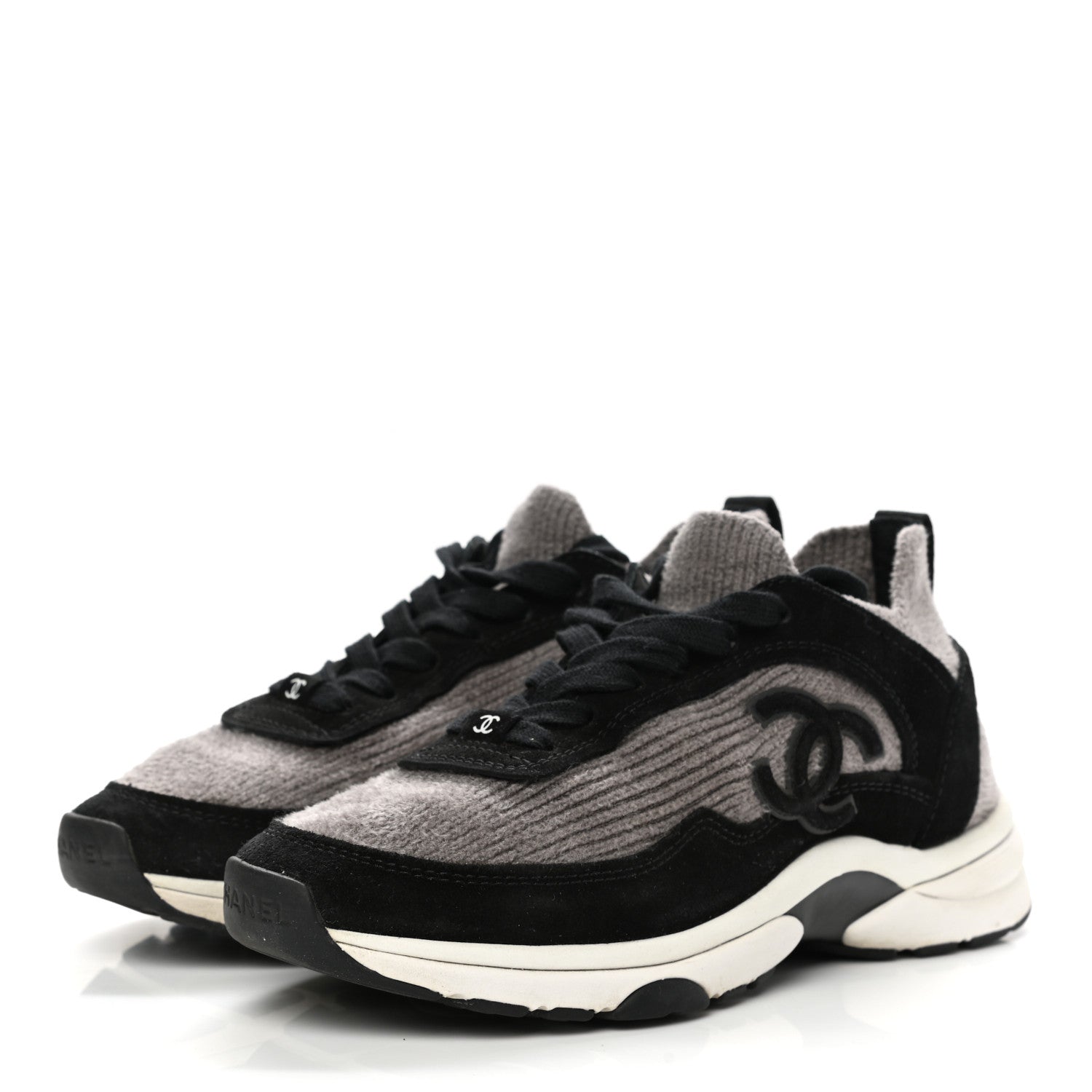 Chanel Fabric Suede Calfskin CC Sneakers 36 Grey Black 3 of 9