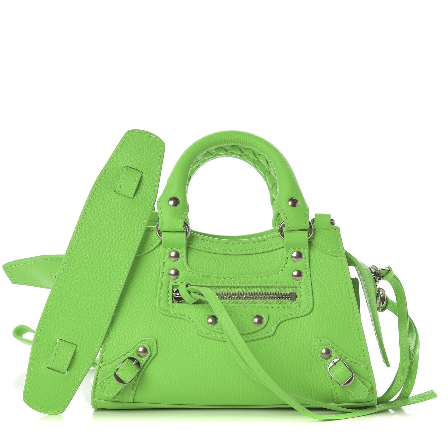 Grained Calfskin Neo Classic Silver Hardware Nano City Crossbody Fluo Green