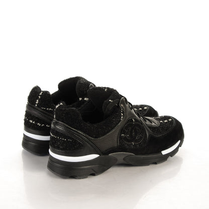 Chanel Tweed Suede Goatskin CC Sneakers 39.5 Black White 4 of 6