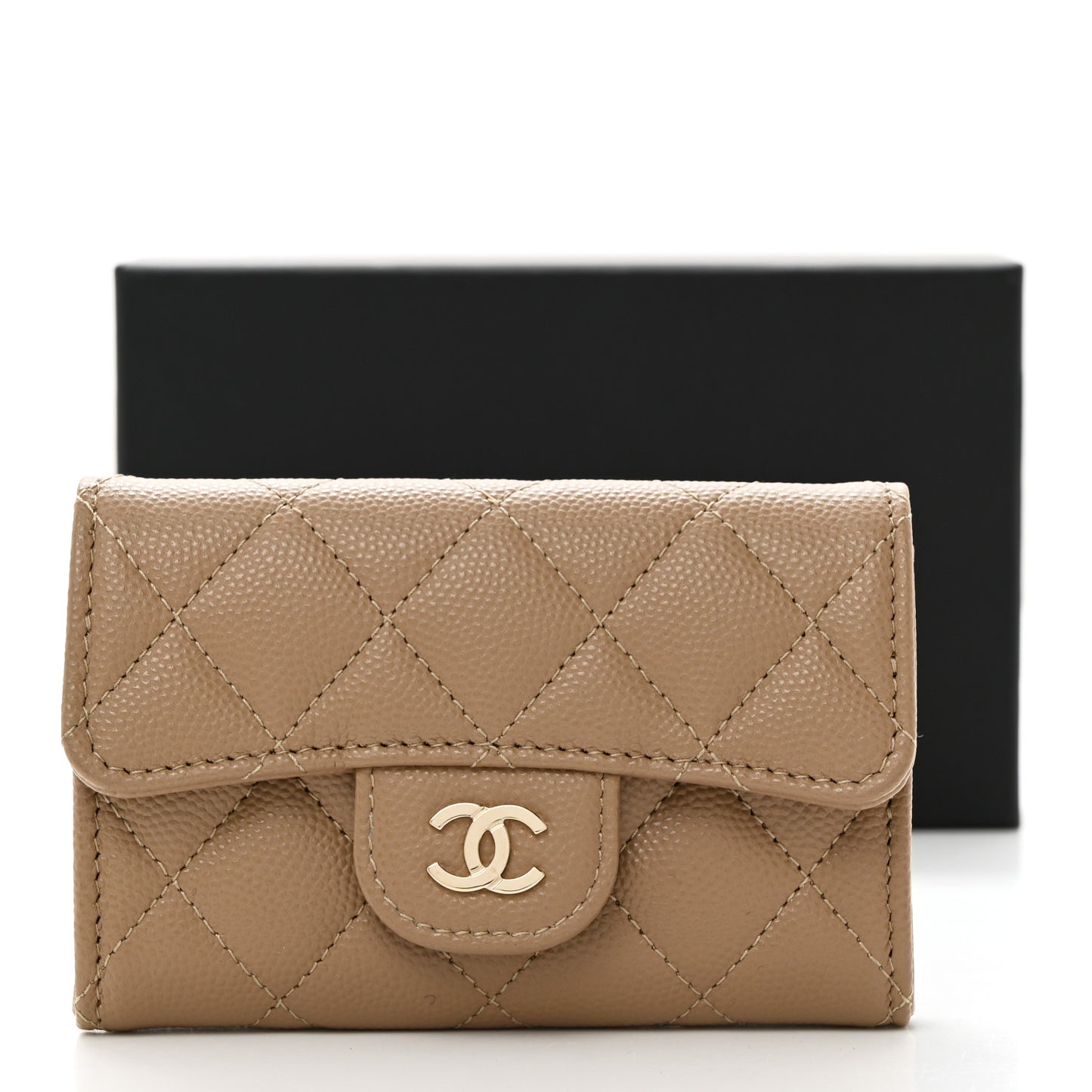 Caviar Quilted Flap Card Holder Wallet Dark Beige