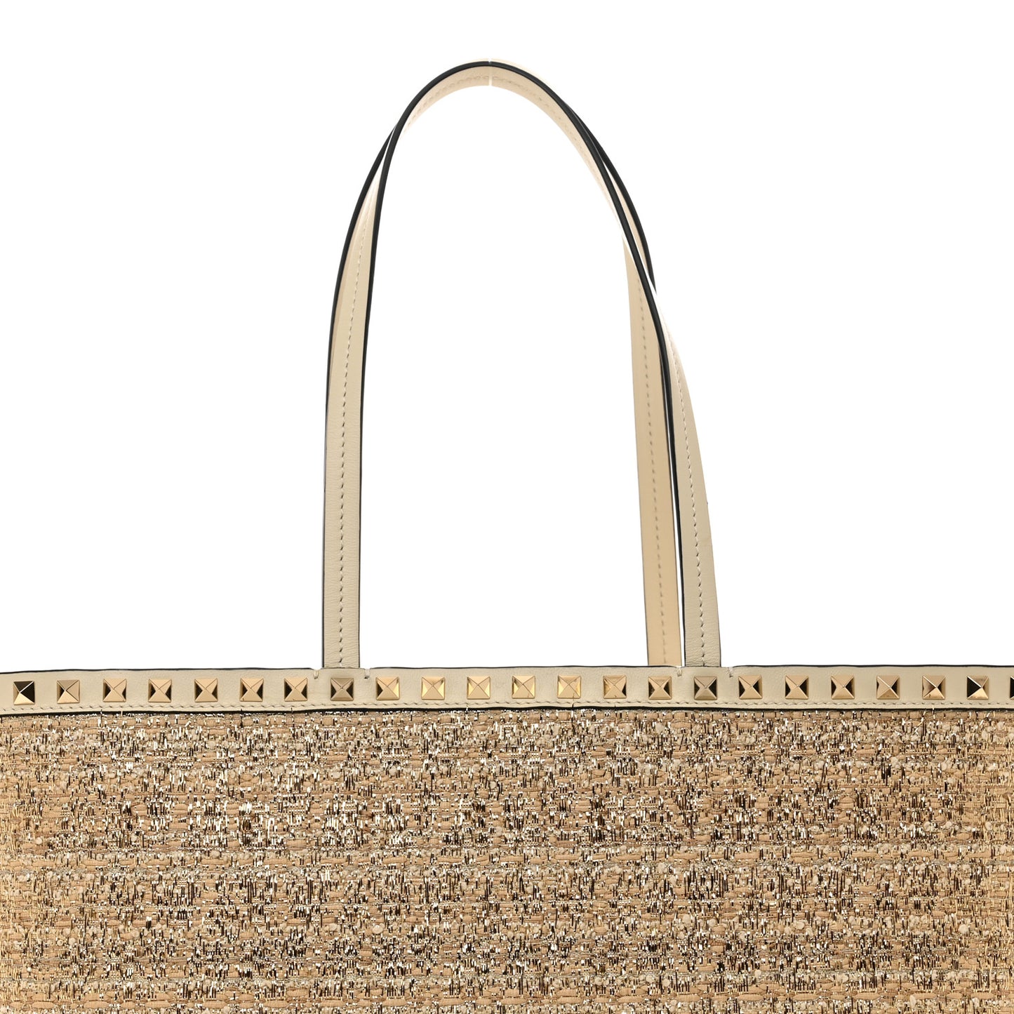 Metallic Boucle Raffia Calfskin Rockstud Shoulder Tote White Gold Ivory