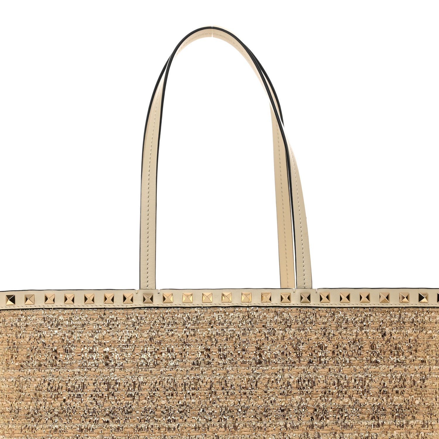 Valentino Garavani Metallic Boucle Raffia Calfskin Rockstud Shoulder Tote White Gold Ivory 5 of 9