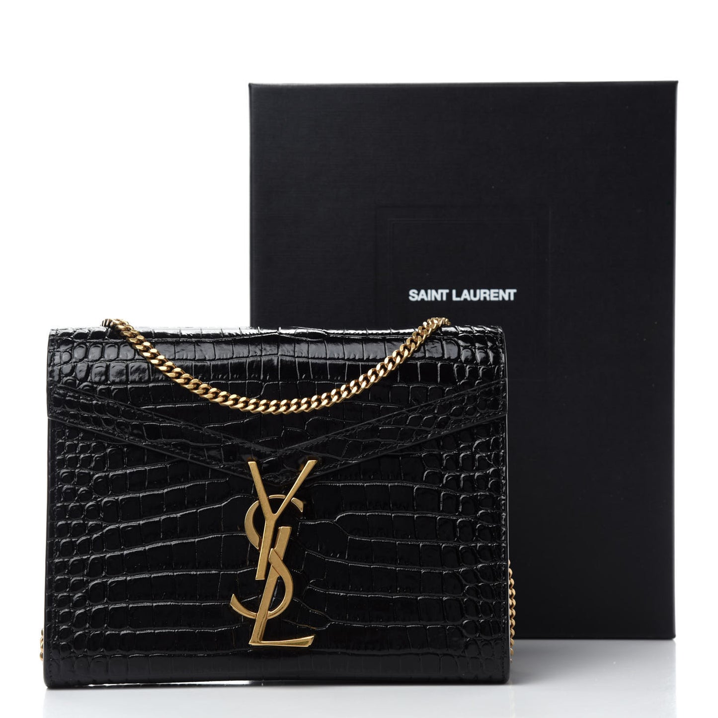 Calfskin Crocodile Embossed Monogram Cassandra Chain Wallet Black
