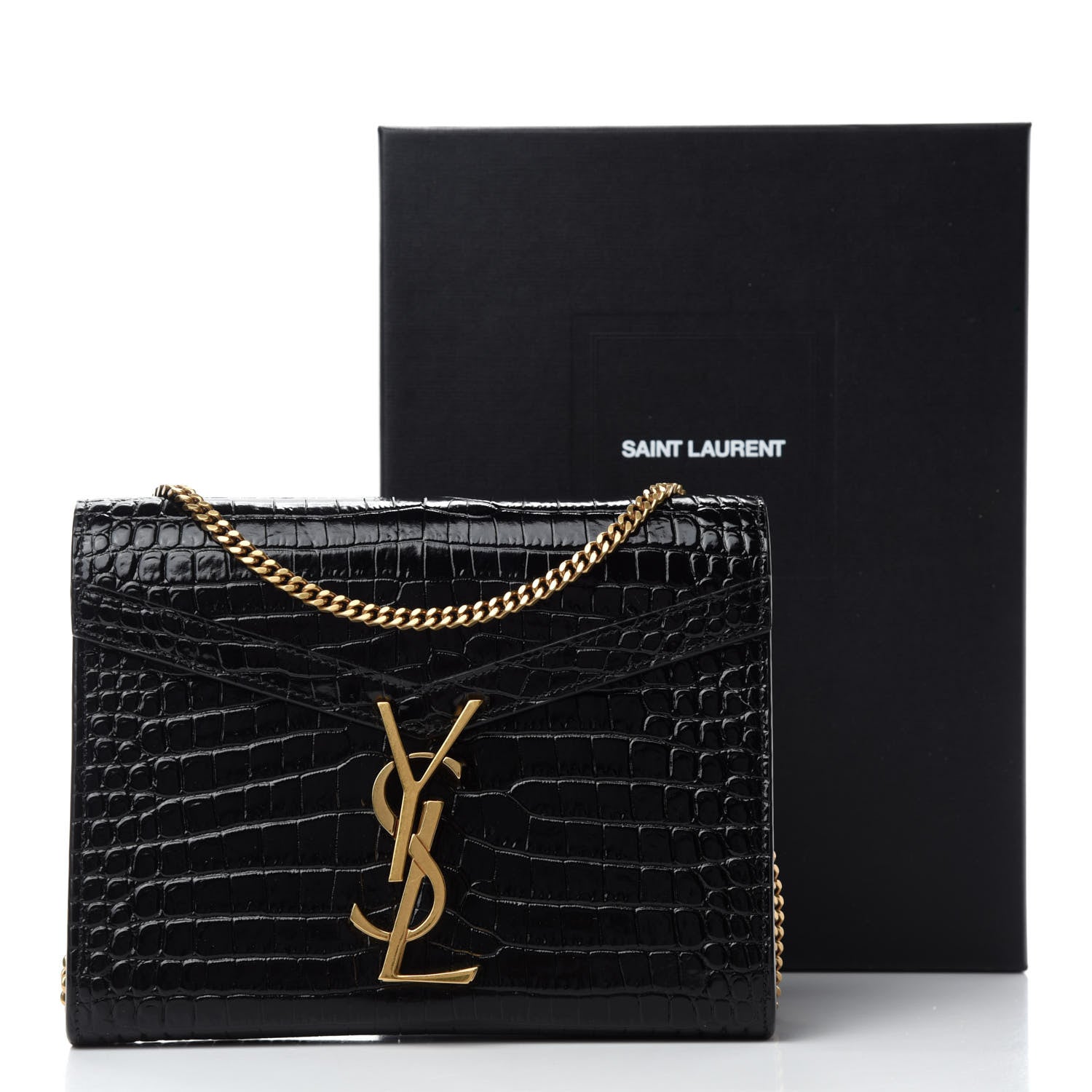Saint Laurent Calfskin Crocodile Embossed Monogram Cassandra Chain Wallet Black 10 of 10