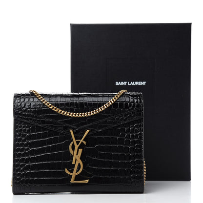 Saint Laurent Calfskin Crocodile Embossed Monogram Cassandra Chain Wallet Black 10 of 10