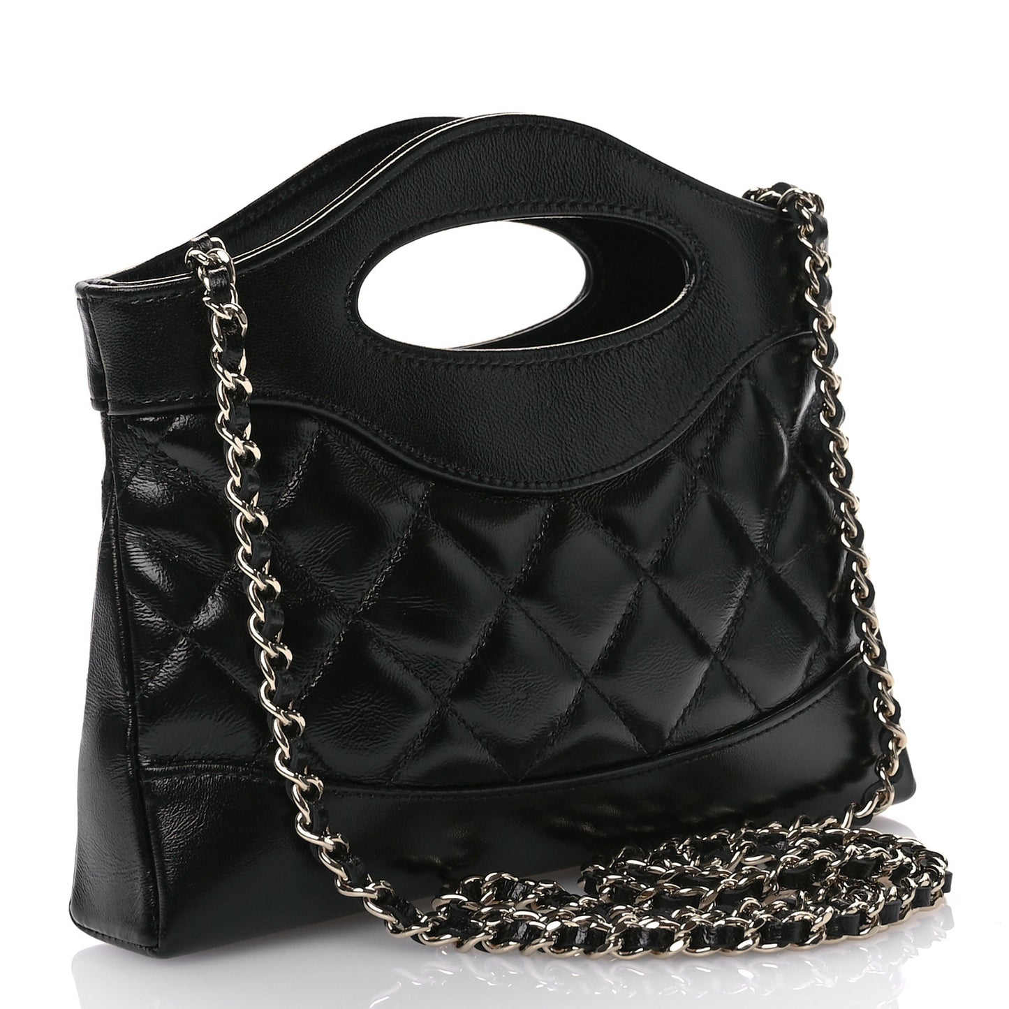 Shiny Crumpled Calfskin Quilted Nano 31 Shopping Bag Black