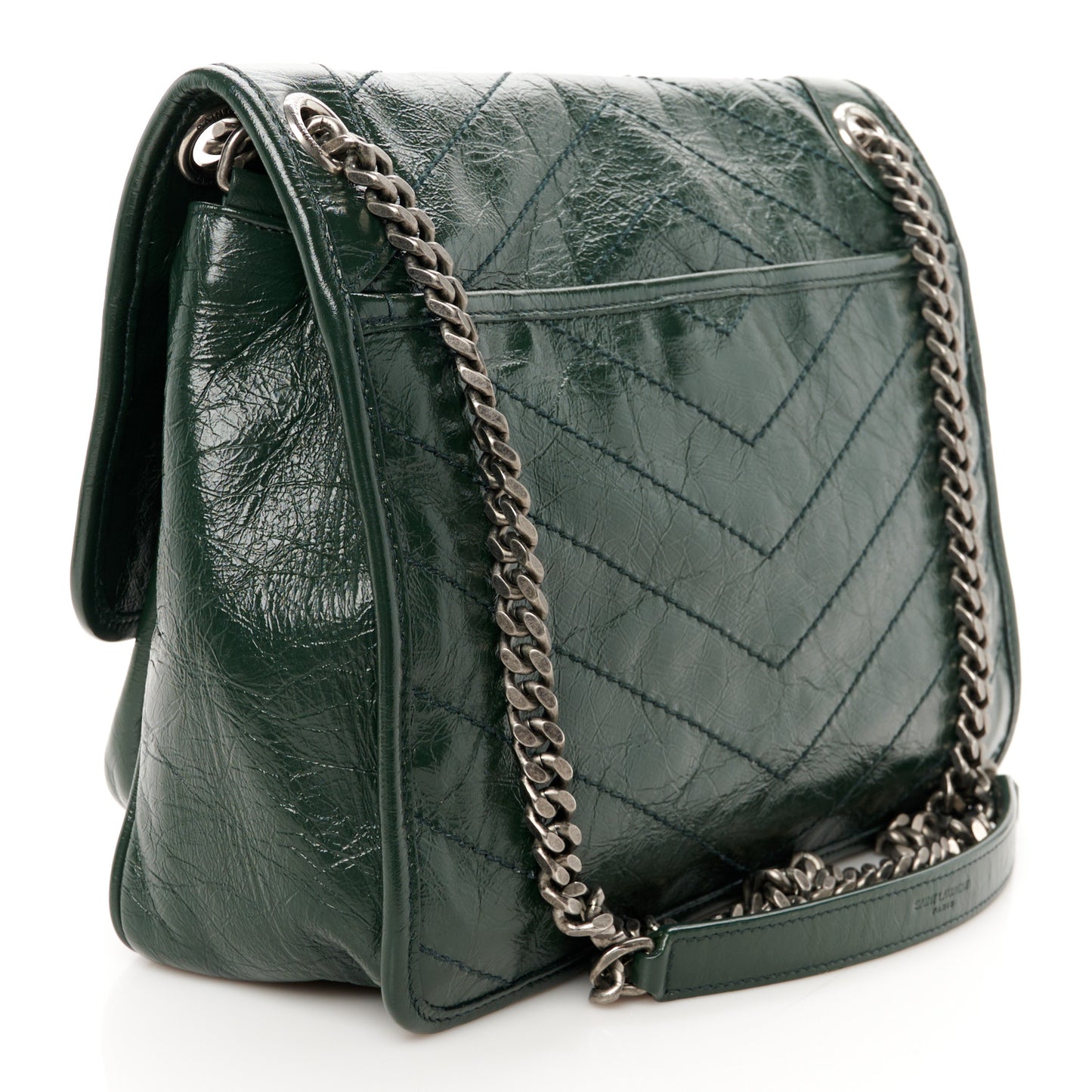 Crinkled Lambskin Matelasse Monogram Medium Niki Chain Satchel Dark Green