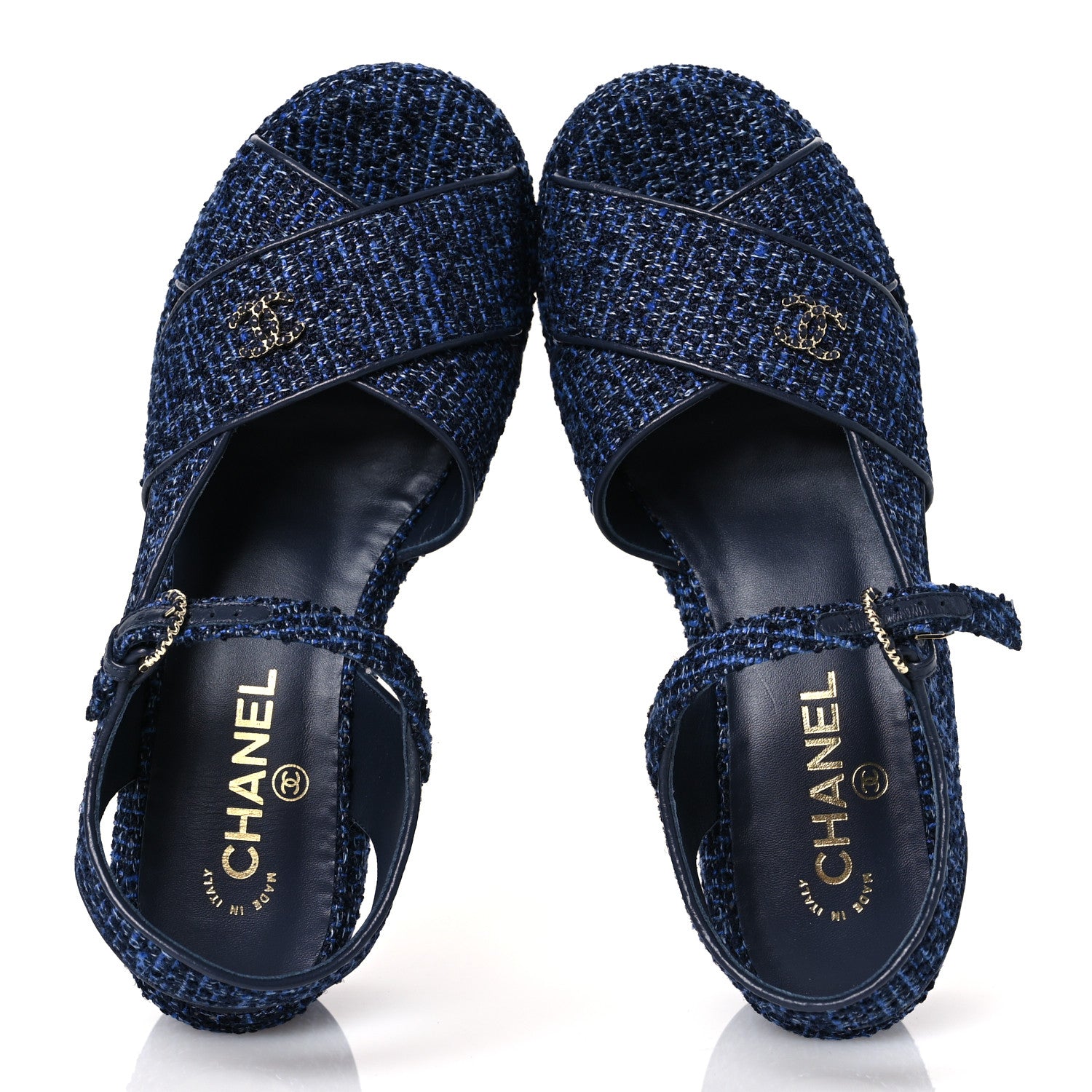 Chanel Silk Linen Tweed Quilted CC Platform Sandals 39.5 Navy Blue Gray 2 of 11