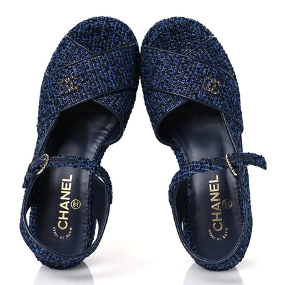 Chanel Silk Linen Tweed Quilted CC Platform Sandals 39.5 Navy Blue Gray 2 of 11