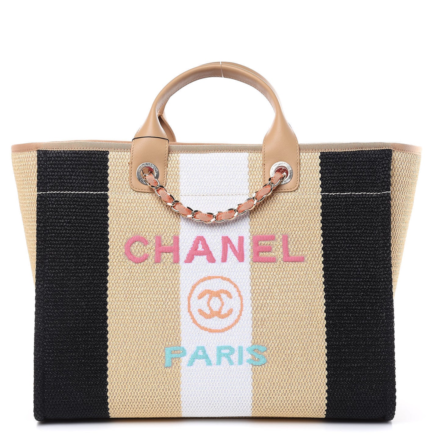 Straw Raffia Calfskin Striped Large Deauville Tote Black Beige Ivory