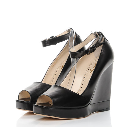 Saint Laurent Calfskin Emma 100 Ankle Strap Peep Toe Wedge 41 Black 3 of 9