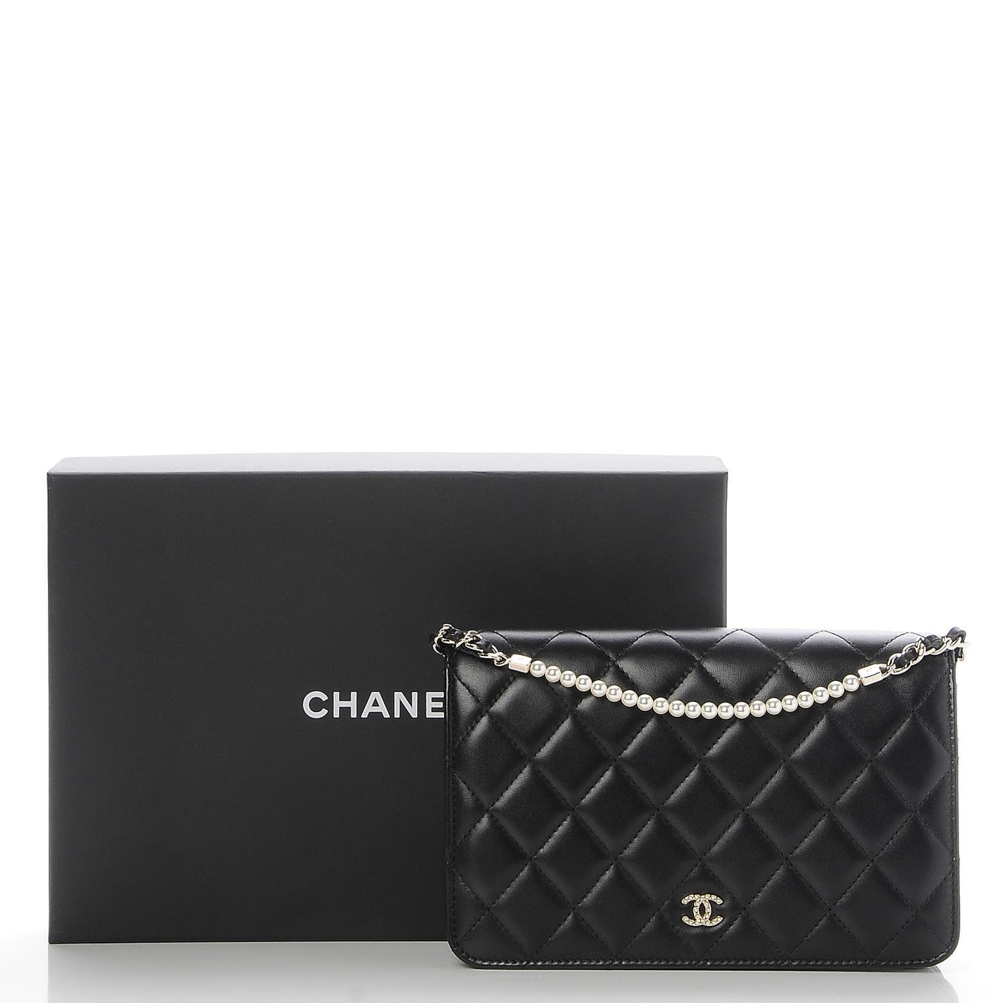 Lambskin Quilted Pearl Wallet On Chain WOC Black