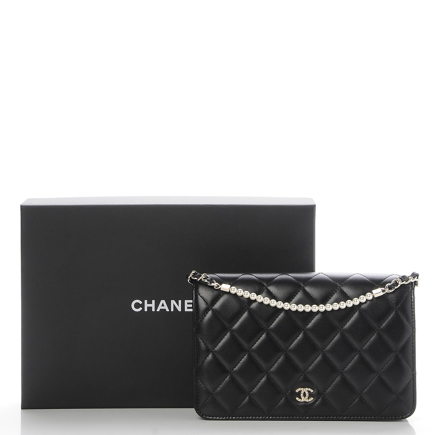 Chanel Lambskin Quilted Pearl Wallet On Chain WOC Black 10 of 10