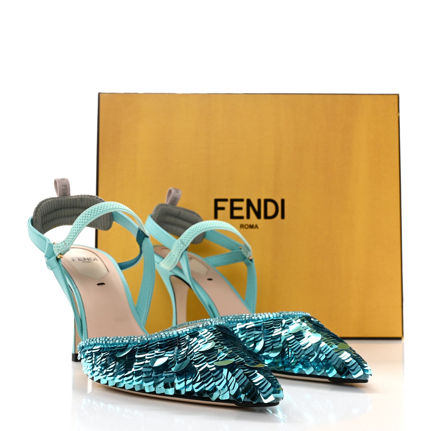 Fendi Organza Sequin Paillettes Colibri Lite 85mm Slingback Pumps 37 Nudo Blue Tiffany 9 of 9