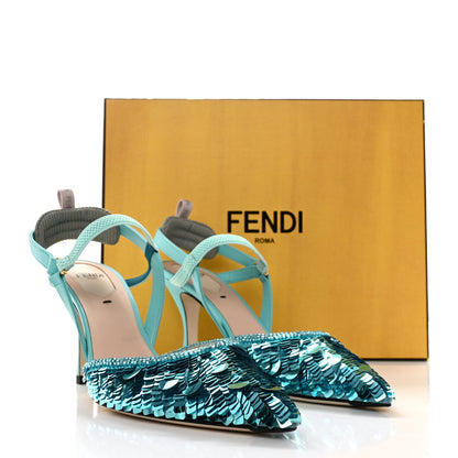 Fendi Organza Sequin Paillettes Colibri Lite 85mm Slingback Pumps 37 Nudo Blue Tiffany 9 of 9