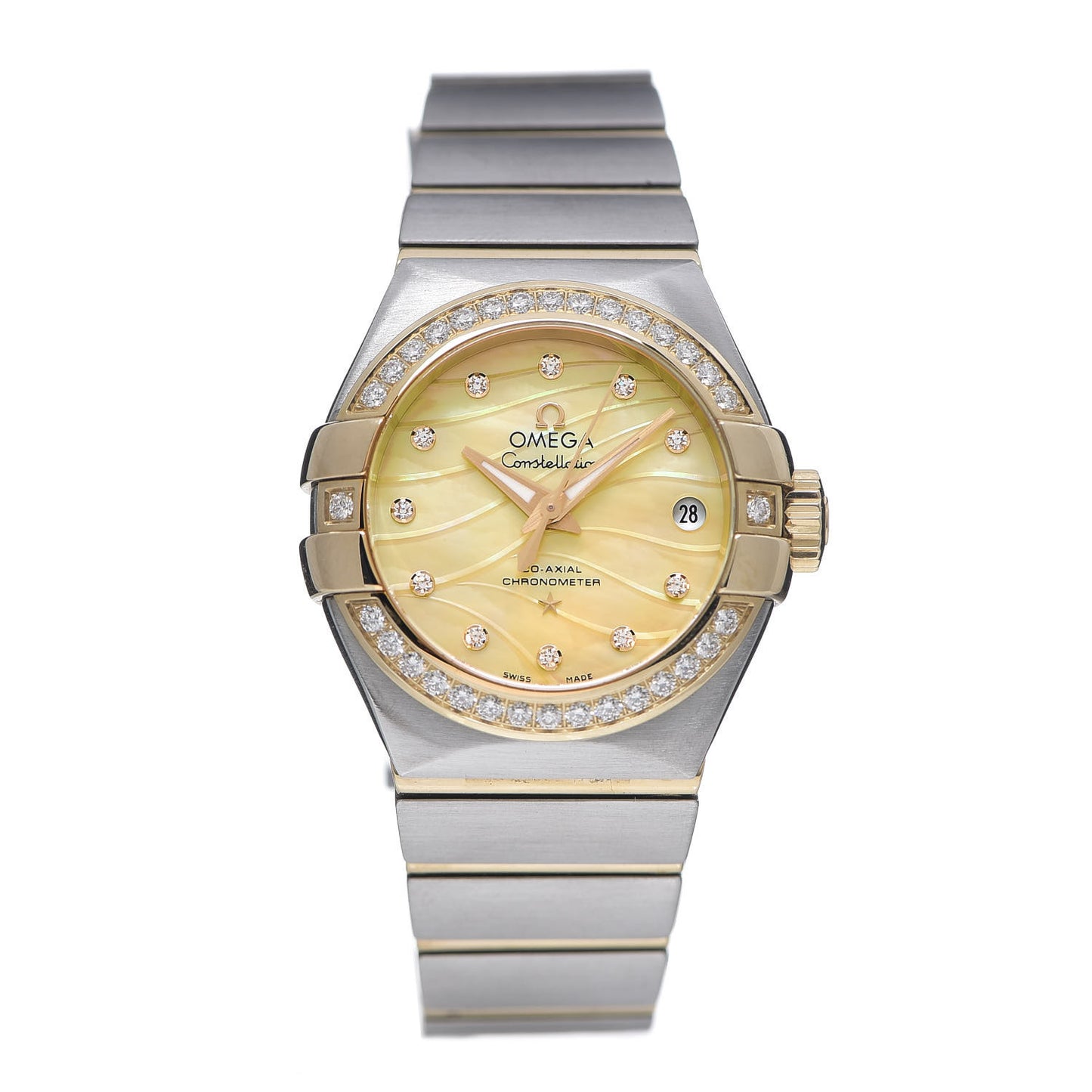 Stainless Steel 18K Yellow Gold Diamond Bezel Yellow Mother of Pearl 27mm Constellation Automatic Watch 123.25.27.20.57.002