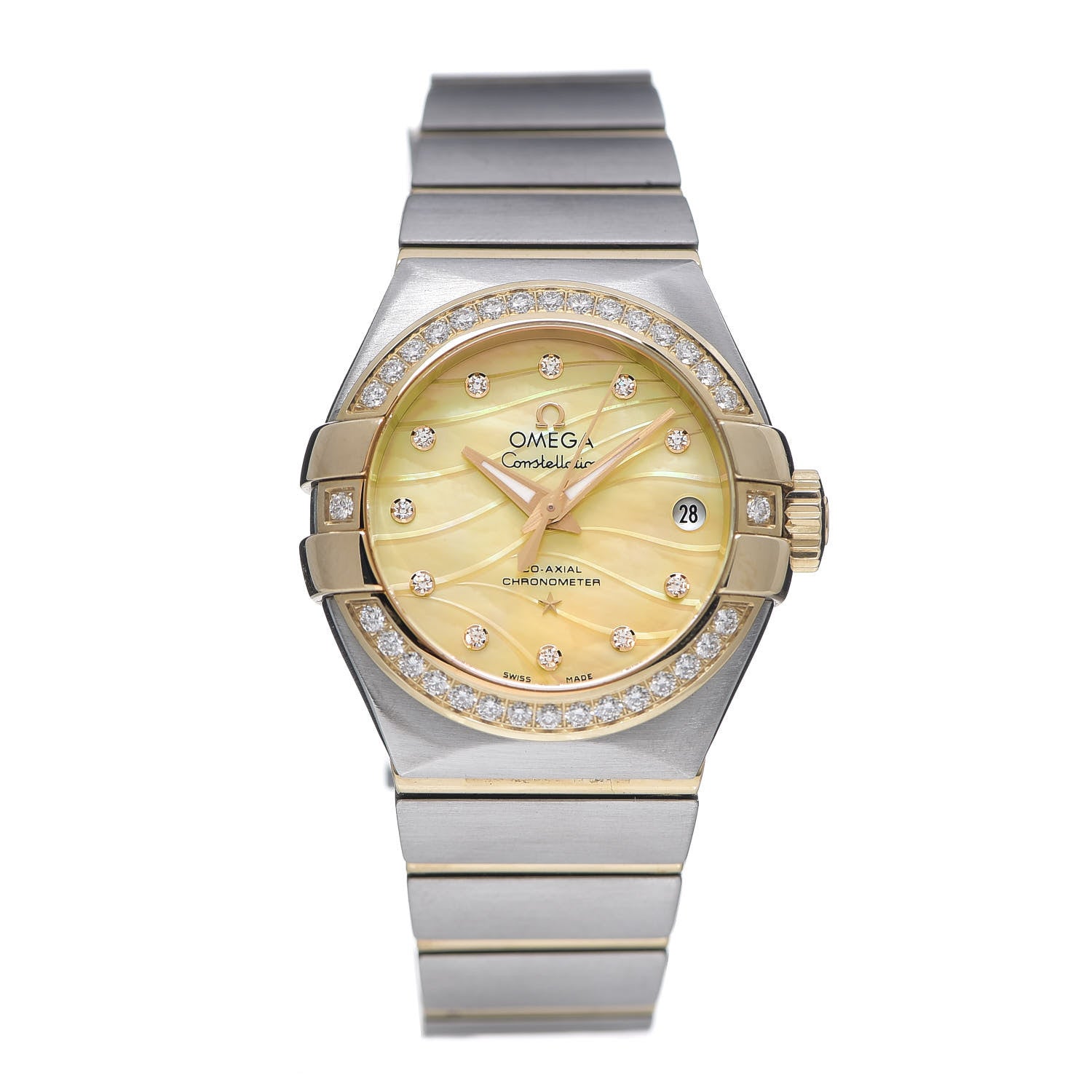 Omega Stainless Steel 18K Yellow Gold Diamond Bezel Yellow Mother of Pearl 27mm Constellation Automatic Watch 123.25.27.20.57.002 1 of 6