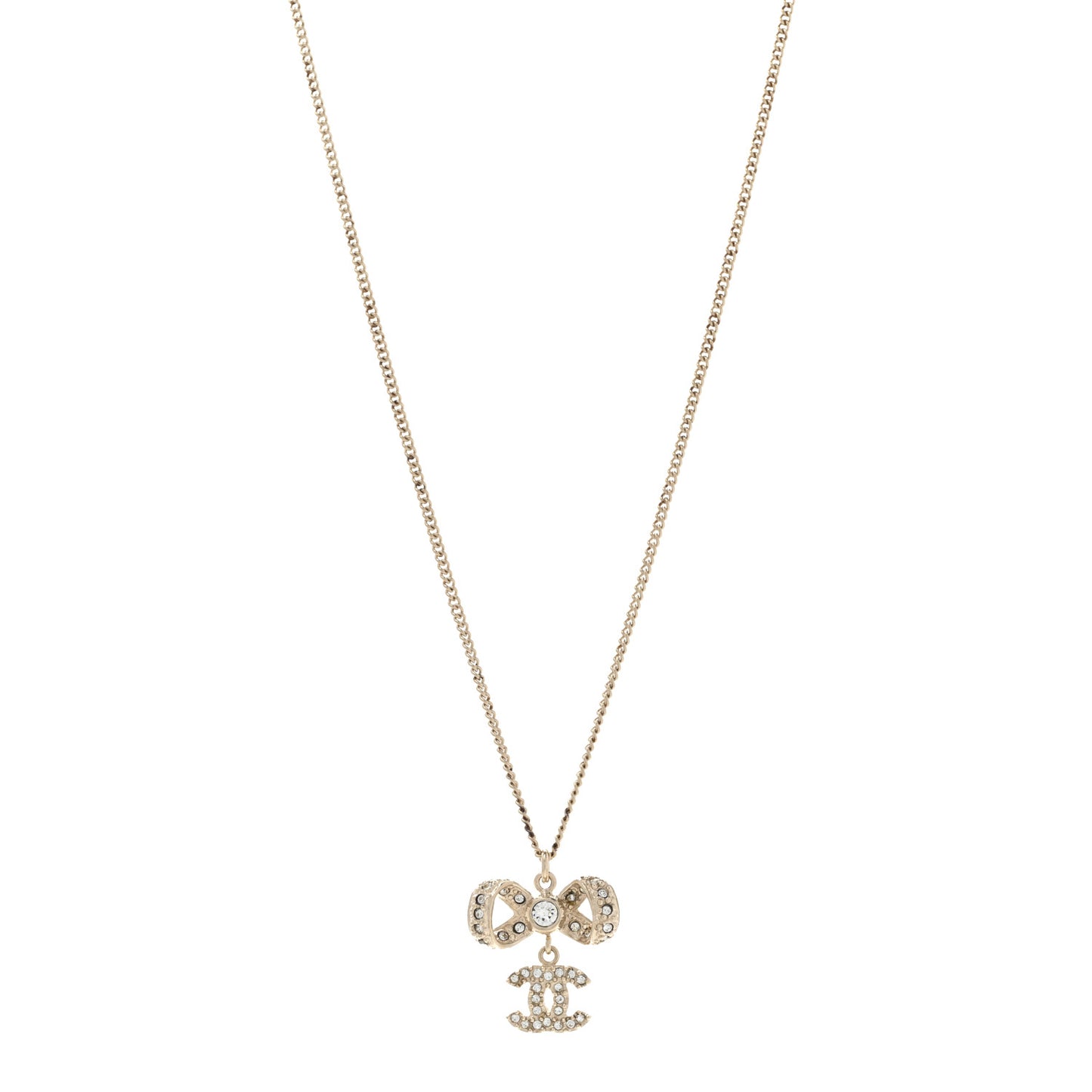 Metal Crystal CC Bow Drop Necklace Gold