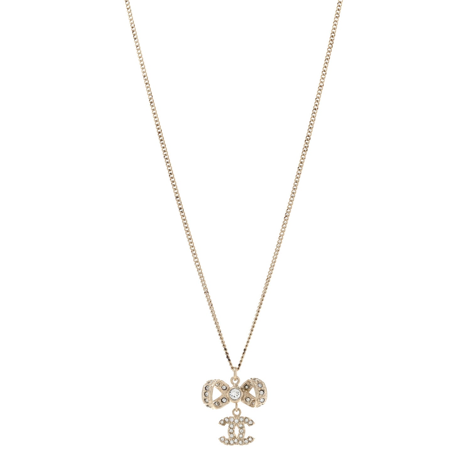 Chanel Metal Crystal CC Bow Drop Necklace Gold 1 of 8