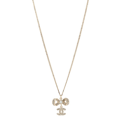 Chanel Metal Crystal CC Bow Drop Necklace Gold 1 of 8