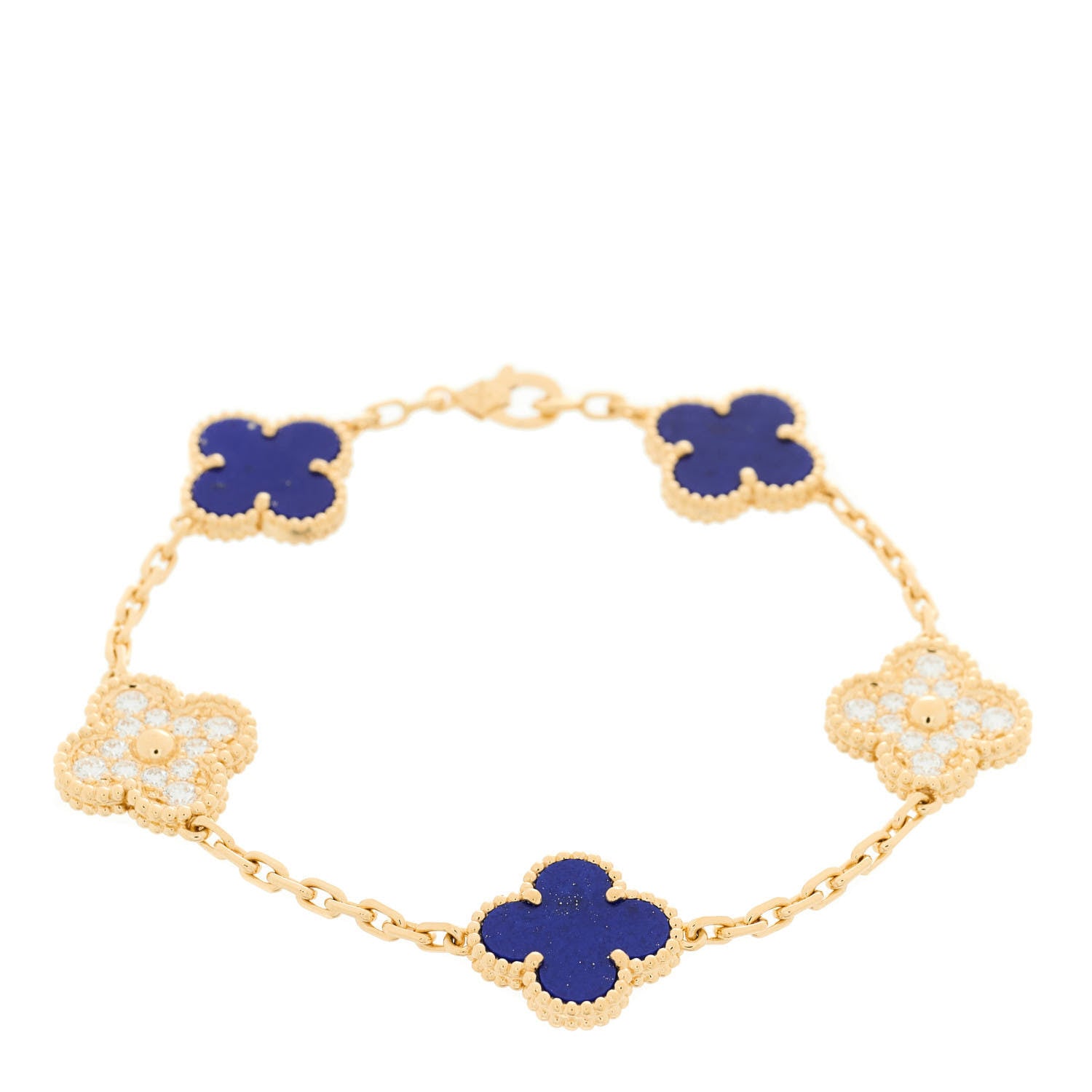 Van Cleef & Arpels 18K Yellow Gold Diamond Lapis Lazuli 5 Motifs Vintage Alhambra Bracelet 1 of 10