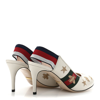 Gucci Malaga Kid Web Bee Star Embroidered Sylvie Mid Heel Slingback Pumps 37.5 White 5 of 10