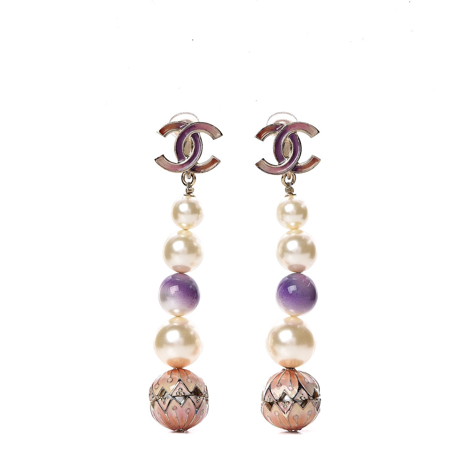 Chanel Pearl Enamel Korean Garden CC Clip On Earrings Gold Pink Multicolor 1 of 8