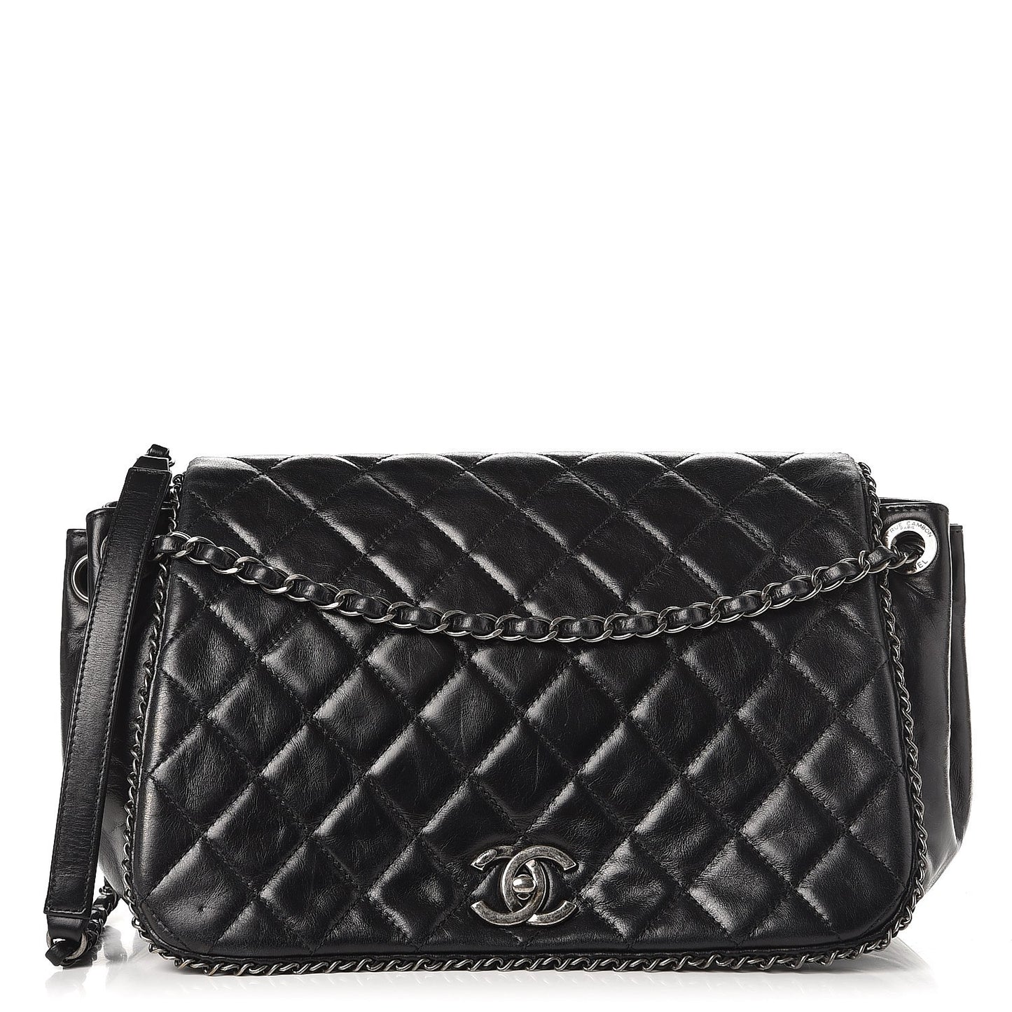 Glazed Calfskin Quilted Large CC Enchained Accordion Flap Black