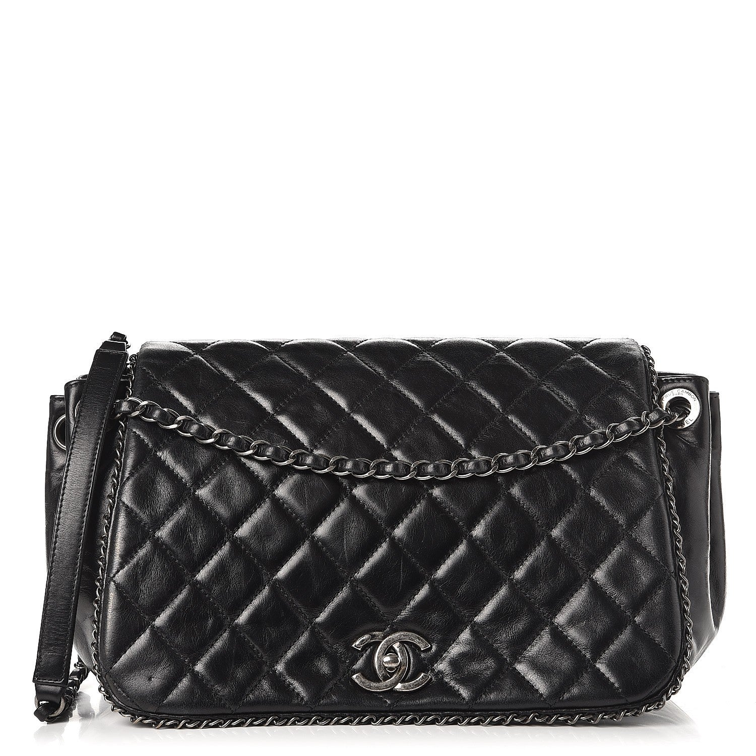 Chanel Glazed Calfskin Quilted Large CC Enchained Accordion Flap Black 1 of 8