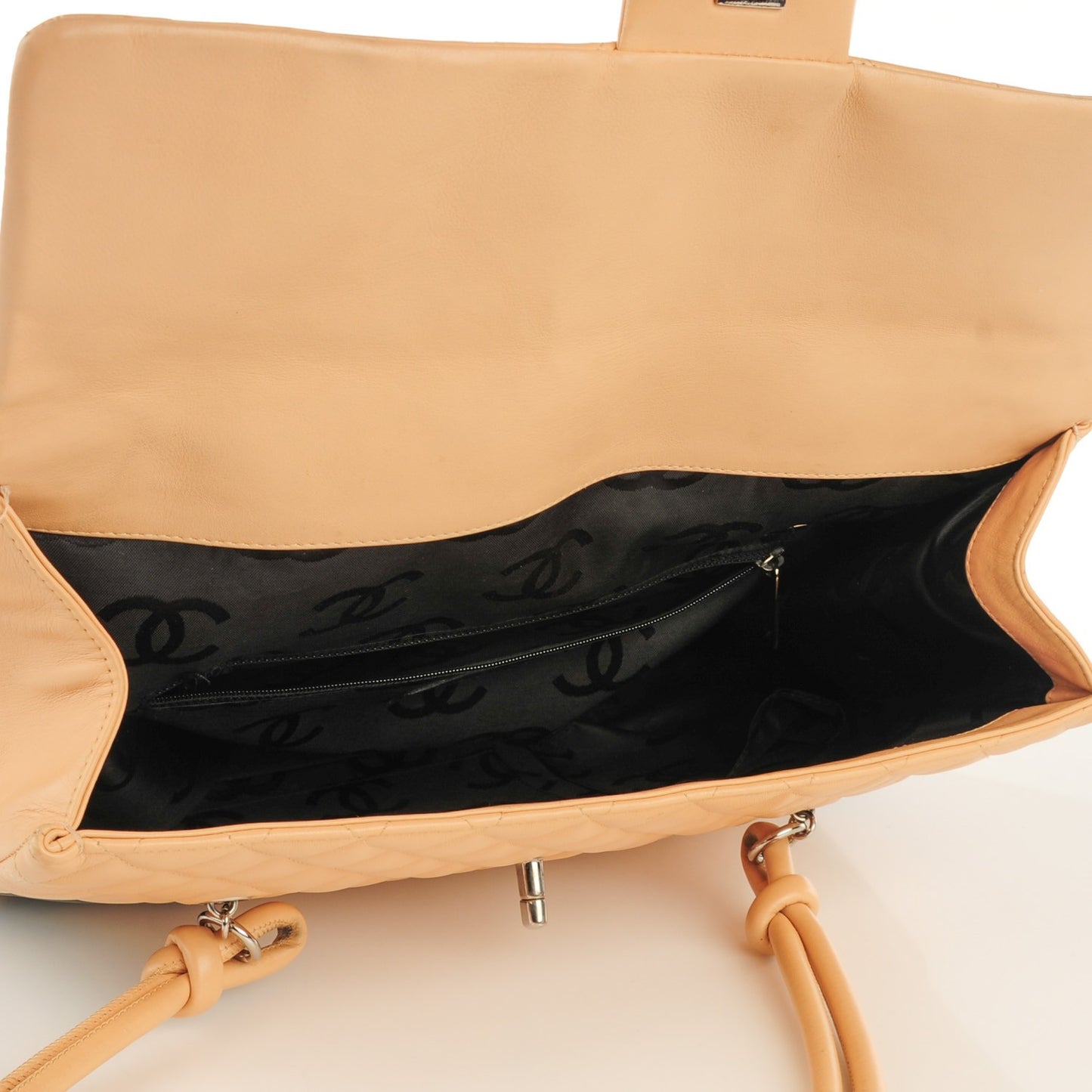 Calfskin Quilted Large Cambon Flap Beige Black