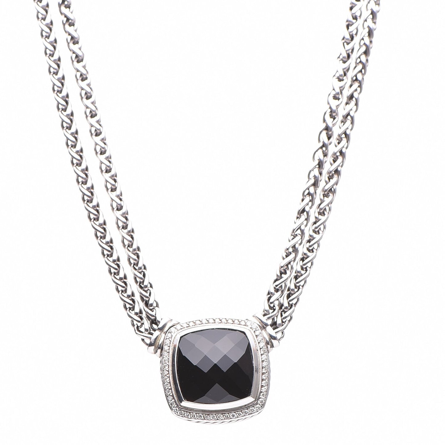 Sterling Silver Diamond Black Onyx 19mm Albion Double Wheat Chain Necklace